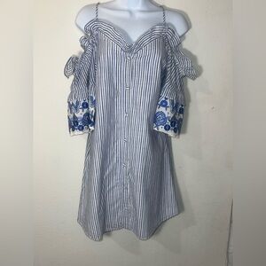Parker Off-Shoulder Striped Dress with Embroidery